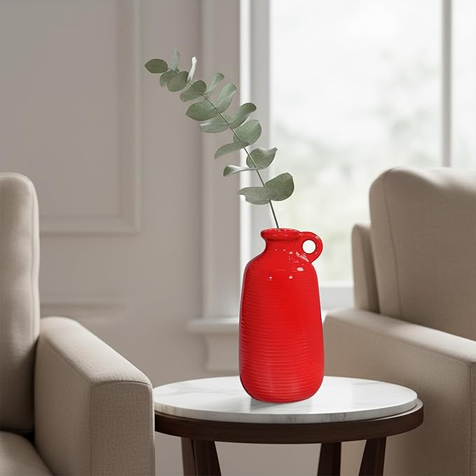 Sunddo Red Ceramic Vase - 10 Inch Modern Flower Vase for Home Decor, Decorative Vase with Handle, Red Decor for Entryway, Bedroom, Office, Centerpiece Table Decorations