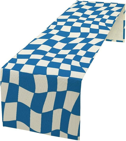 Table Flag Retro Plaid 60s70s Blue Plaid Table Flag Kitchen Restaurant Decoration Suitable for Indoor and Outdoor Festival Home Wedding Party Table Flag 13x120