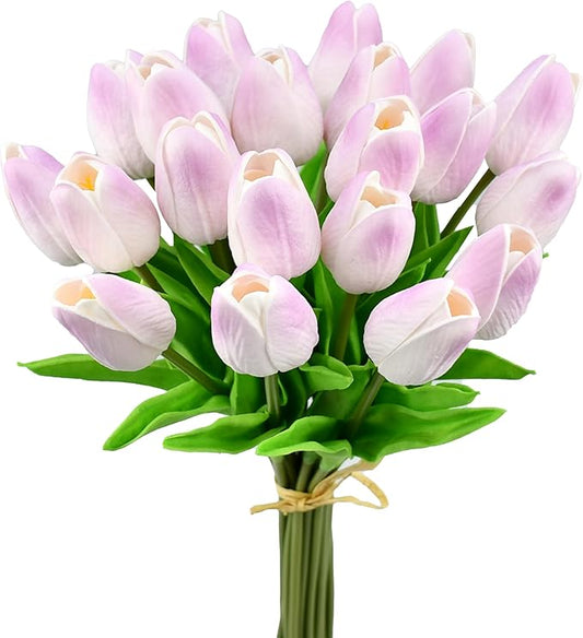 Mandy's Artificial Tulips 20 Stems Light Purple PU Faux Flowers for Thanksgiving and Christmas Decorations Wedding Home Decor 13.5 Inch