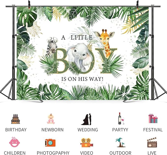 10x6.5ft Baby Shower Backdrop A Little Boy is On His Way Photography Background Jungle Animals Elephant Giraffe Green Gold Leaves Kids Party Banner Decorations Newborn Parties Photo Booth Prop
