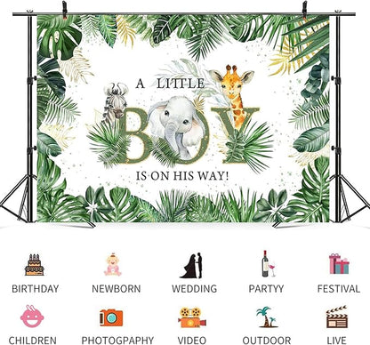 10x6.5ft Baby Shower Backdrop A Little Boy is On His Way Photography Background Jungle Animals Elephant Giraffe Green Gold Leaves Kids Party Banner Decorations Newborn Parties Photo Booth Prop