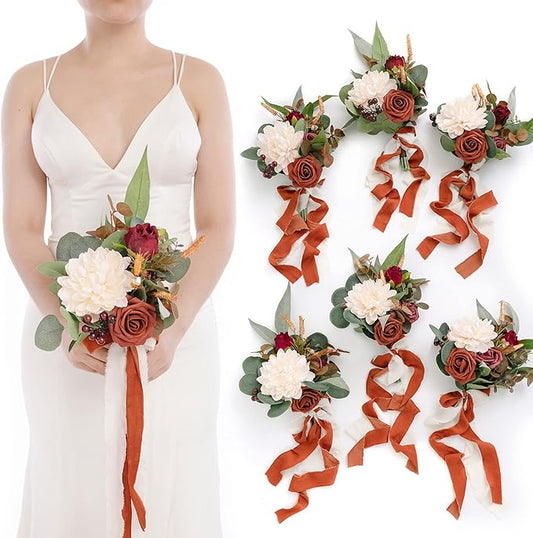 Ling's Moment Artificial Flowers Terracotta Bridesmaid Bouquet Set of 6, Fall Wedding Flowers Bouquets for Bridesmaids, 7 Inch Bridal Bouquets for Bridesmaids, Wedding Decor, Anniversary, etc