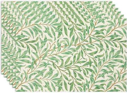 William Morris Vintage Botanical Placemats Set of 6, Retro Leaves Boho Plant Place Mats, Heat Resistant Non Slip Cotton Linen Dining Table Mats for Home Kitchen Party 18x12 Inch