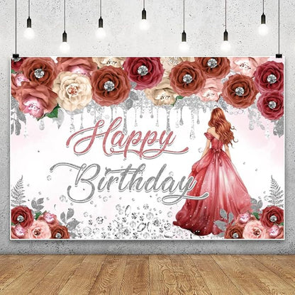 AOFOTO Happy Birthday Backdrop Red Beige Pink Rose Floral Diamond Print Photography Background for Women Girls Birthday Party Banner Home Wall Decor Photo Studio Booth Props 10x8ft