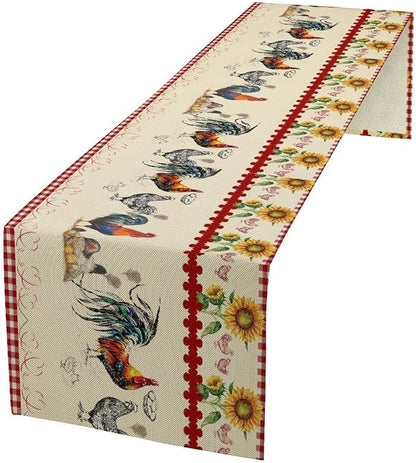 Rustic Rooster Table Runner,Vintage Country Farm Sunflower Chicken Red Plaid Print Tablecloth Burlap for Hotel Indoors Outdoor Dining Room Kitchen Home Decor,W13X L60 in
