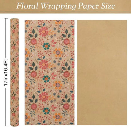Aimyoo Kraft Floral Wrapping Paper Roll - Mini Roll - 17 Inch x 16.4 Feet - All Occasion Vintage Flower Gift Wrap Paper for Mother's Day Wedding Birthday Bridal Shower