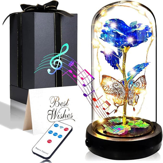 Birthday Rose Flower Gifts for Women, Mothers Day Glass Rose Gift for Mom from Daughter Son, Colorful Blue Rainbow Rose in Glass Dome with Music Box, Light Up Rose in Glass Dome for Her Wife Grandma