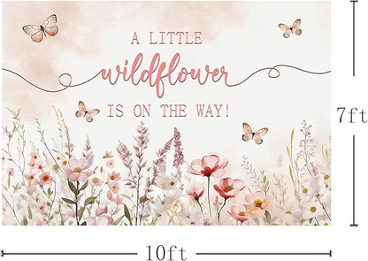 MEHOFOND 10x7ft Baby Shower Backdrop Pink Watercolor A Little Wildflower is On The Way Baby Shower Party Decorations Butterfly Theme Girl Banner Photography Background Props