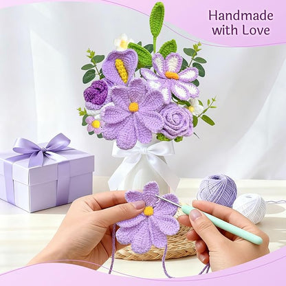 ICX Crochet Flowers Bouquet with Lights,Handmade Knitted Roses Flowers,Gesang Flower,Crochet Heart, Crochet Gift for Wedding, Birthday, Anniversary, Mother’s Day for Her, Girlfriend, Wife(Purple)