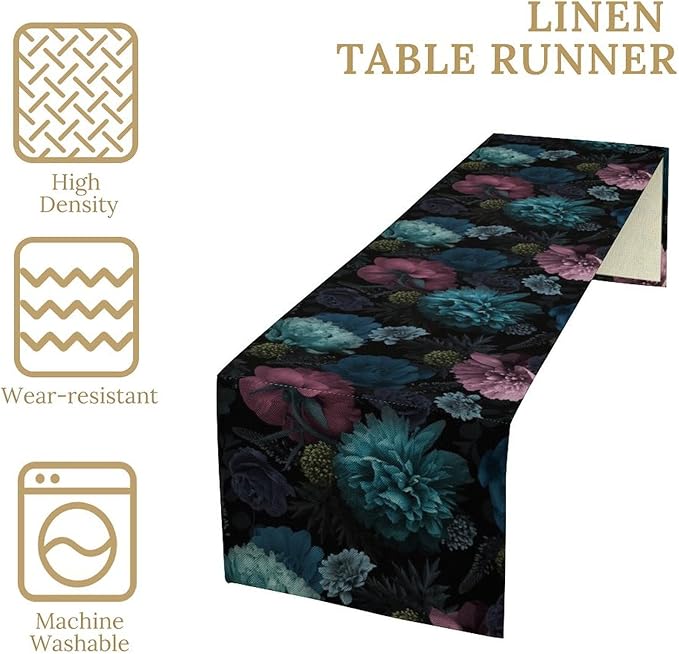 Gothic Flowers Table Runner,Vintage Garden Floral Prints Table Runner for Home Kitchen Table Dining Indoor Outdoor Party Decor 13x70 Inch
