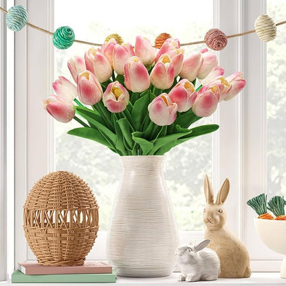 28pcs Pink Flowers Artificial Tulip Stems Real Feel PU Tulips for Easter Spring Wreath Wedding Bouquet Centerpiece Floral Arrangement Cemetery Table Décor 13" Tall