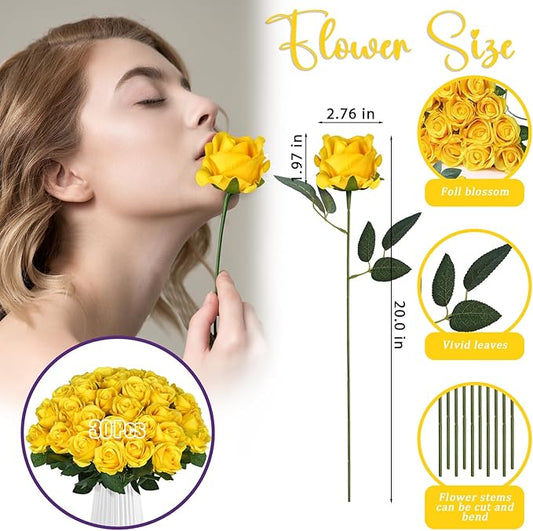 30pcs Fake Roses Artificial Silk Flowers Long Stems Bouquet for Wedding Bridal Shower Party Home Decoration (Yellow)