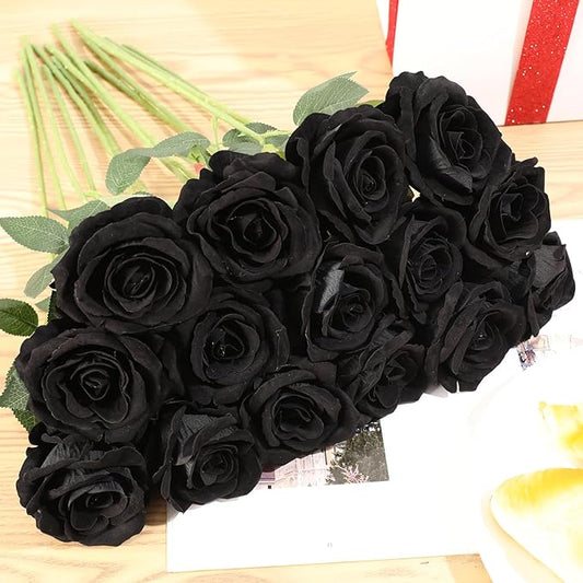 Cloudecor 15Pcs Black Roses Artificial Flowers Fake Roses Long Stem Velet Rose Silk Flowers for Home Wedding Decoration (Round Rose,Black)