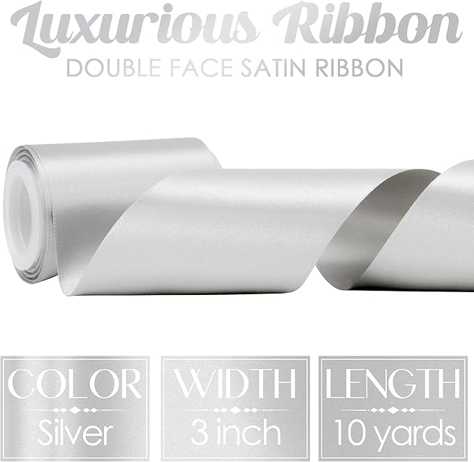 MEEDEE Silver Satin 3 Inch Ribbon Lux Double Faced Satin Ribbon Tree by 10 Yards Silver Silk Ribbons Roll Ribbons for for Crafts, Christmas Tree Decoration, Weddings