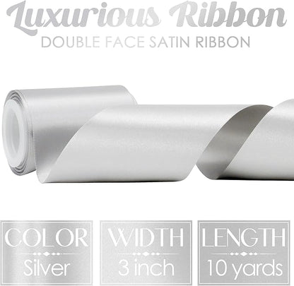 MEEDEE Silver Satin 3 Inch Ribbon Lux Double Faced Satin Ribbon Tree by 10 Yards Silver Silk Ribbons Roll Ribbons for for Crafts, Christmas Tree Decoration, Weddings