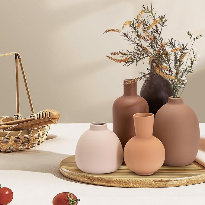 Neutral Ceramic Vase Set – 5 Matte Earth-Tone Vases for Japandi, Scandinavian, or Minimalist Home Decor, Table, Entryway, Shelf & Mantel Styling