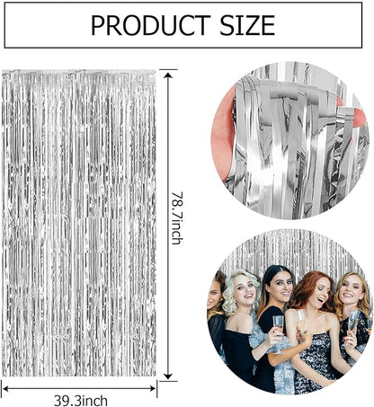 2 Pack Silver Backdrop Curtain Party Decorations Foil Fringe Backdrop Silver Tinsel Streamers Birthday Bachelorette New Year Christmas Wedding Baby Shower Disco Party Decorations
