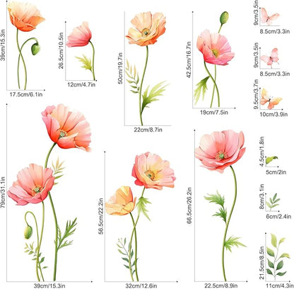 Large Pink Floral Wall Decals Poppy Flower Butterfly Wall Stickers Peel and Stick Autumn Floral Wall Art Decor for Living Room Bedroom Office TV Sofa Backdrop Home Decor Gifts for Mom