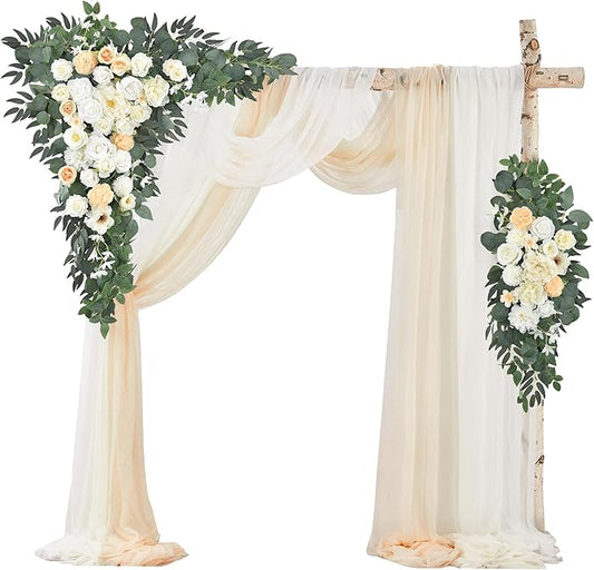Artificial Wedding Arch Flowers Kit Pack of 5,2pcs Floral Swag Arrangement and 3pcs Fabric Drap for Wedding Ceremony Reception and Backdrop (Champagne and White)