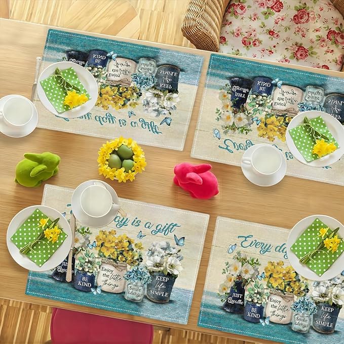 Farmhouse Spring Flower Placemats Set of 4 Every Day is A Gift Country Rustic Floral Yellow Double-Sided Table Mats for Dining Room Home Party Indoor 4 PCS 12x18 Inch