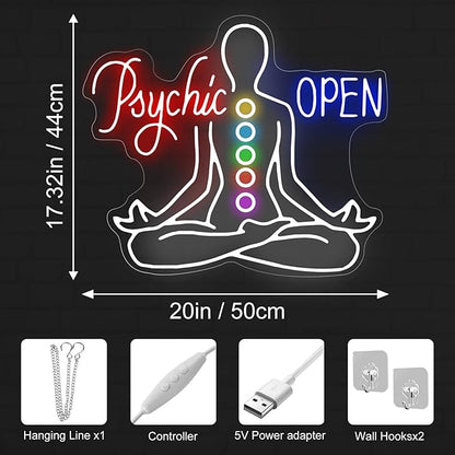 Psychic Open Neon Sign Charka Neon Light, Yoga Led Sign, Exercise Room Wall Decor, Buddha Lotus, Pilates Studio Art Meditation Room Wall Art Yoga Lover Gift, Psychic Chakras Healing Exercise, 20"*x17.3"