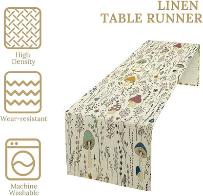 Mushroom Table Runner,Colorful Wild Plants and Fungus Botanical Plants Pattern Print Burlap for Hotel Indoors Outdoor Dining Room Kitchen Holiday Party, 13x108in