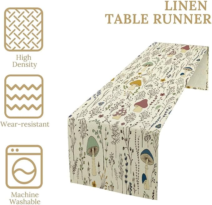 Mushroom Table Runner,Colorful Wild Plants and Fungus Botanical Plants Pattern Print Burlap for Hotel Indoors Outdoor Dining Room Kitchen Holiday Party, 13x70in