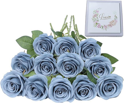 Artificial Rose Flower Artificial Flowers Flower with Long Stem Silk Roses Bouquet for Wedding Bridal Shower Party Home Decoration (Dusty Blue, 12 Pcs)