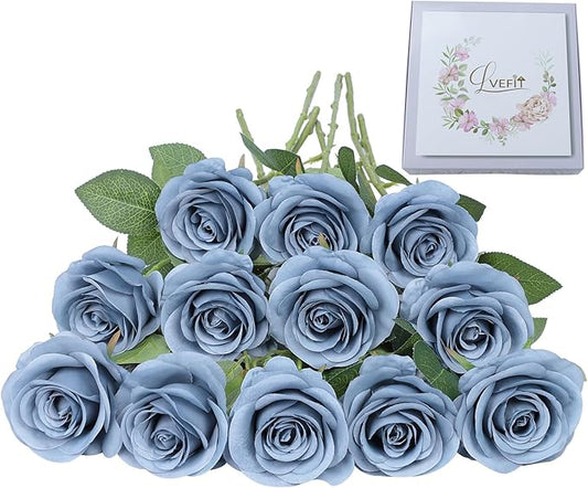 Artificial Rose Flower Artificial Flowers Flower with Long Stem Silk Roses Bouquet for Wedding Bridal Shower Party Home Decoration (Dusty Blue, 12 Pcs)