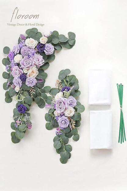 Floroom Arch Flowers with Drapes Kit (Pack of 4) - 2pcs Artificial Lilac Lavender Purple Floral Swag Arrangement with 2pcs Draping Fabric for Wedding Ceremony Arbor and Reception Backdrop Decoration