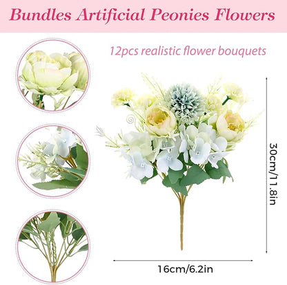 Olgaa 12 Bundles Peonies Artificial Flowers Silk Flowers Fake Peony Bouquet Faux Peonies Flowers Bulk for Wedding Decor Centerpiece Table Decorations (Blue Green)