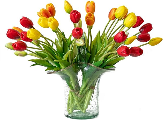 40pcs Artificial Tulips Flowers, Real Touch Latex Bouquet, Fake Tulips for Office Wedding Party Home Kitchen Garden Decoration-B Red Suit