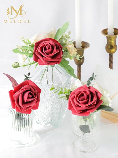 Meldel Artificial Flower 50pcs Real Looking Red Rose Fake Foam Roses with Stems for DIY Wedding Bouquets Gifts Bulk Crafts Faux Floral Centerpieces Arrangements Home Party Tables Decorations