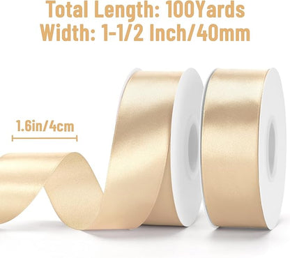 KINGLAKE Champagne Gold Satin Ribbon - 1 1/2'' x 100 Yards Polyester Champagne Ribbon for Gift Wrapping, Wedding, Party Decoration, DIY Crafts, Floral Bouquets and Wreath Bows