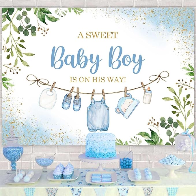 Sensfun Cute Clothes Baby Shower Backdrop for Boys A Sweet Baby Boy is On His Way Banner Greenery Eucalyptus Leaves Welcome Baby Boy Baby Shower Party Decorations Banner Photo Booth Props 7x5ft