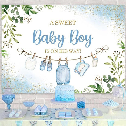 Sensfun Cute Clothes Baby Shower Backdrop for Boys A Sweet Baby Boy is On His Way Banner Greenery Eucalyptus Leaves Welcome Baby Boy Baby Shower Party Decorations Banner Photo Booth Props 7x5ft