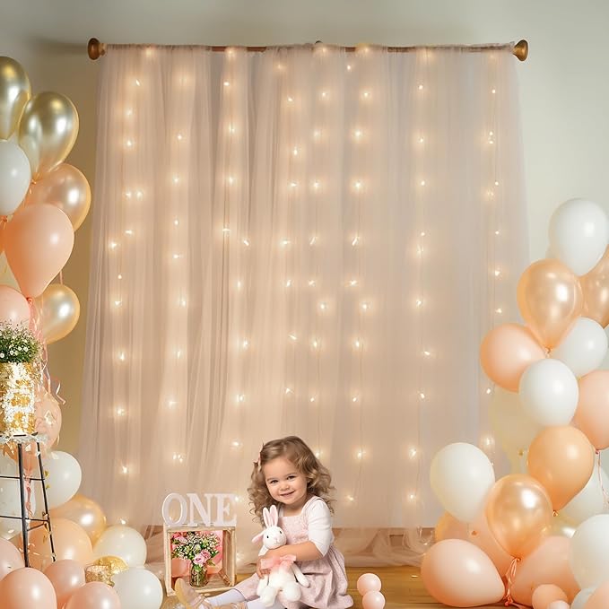 10ft x 8ft Champagne Backdrop Curtain with Lights String for Parties, Sheer Tulle Wedding Photo Backdrops Drapes for Baby Shower Birthday Party Decorations Background for Photography
