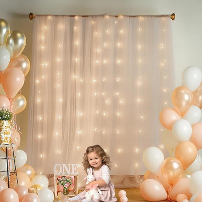 10ft x 8ft Champagne Backdrop Curtain with Lights String for Parties, Sheer Tulle Wedding Photo Backdrops Drapes for Baby Shower Birthday Party Decorations Background for Photography