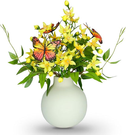 HOSY Artificial Freesia Bouquet in Ivory Ceramic Vase, Silk Flower and Butterfly Arrangements for Table Centerpiece Decoration (Freesia)