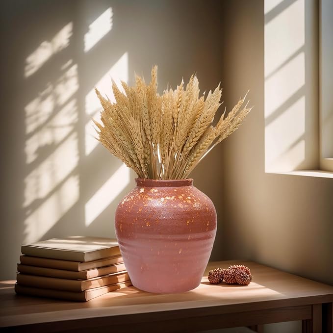 7IN Rustic Farmhouse Ceramic Vase Home Decor,Handmade Vintage Stoneware Clay Pottery Terracotta Textured for Modern Farmhouse, Living Room, Office Desk Table Shelf(Brown)
