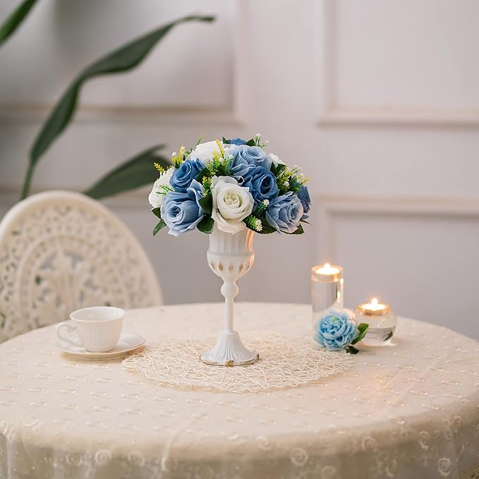 BLOSMON Flower Ball Centerpieces for Table 2 Pcs Fake Rose Centerpiece Flowers Dusty Blue Artificial Silk Floral Arrangement Center Piece Kissing Bouquet for Wedding Party Valentines Day Home Decor