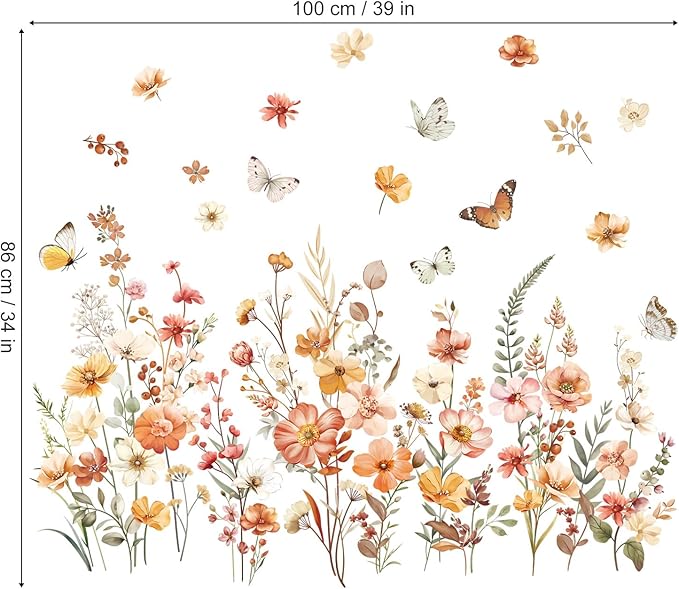 decalmile Boho Flower Wall Decals Garden Floral Butterflies Wildflower Wall Stickers Girls Bedroom Living Room Baby Nursery Wall Decor