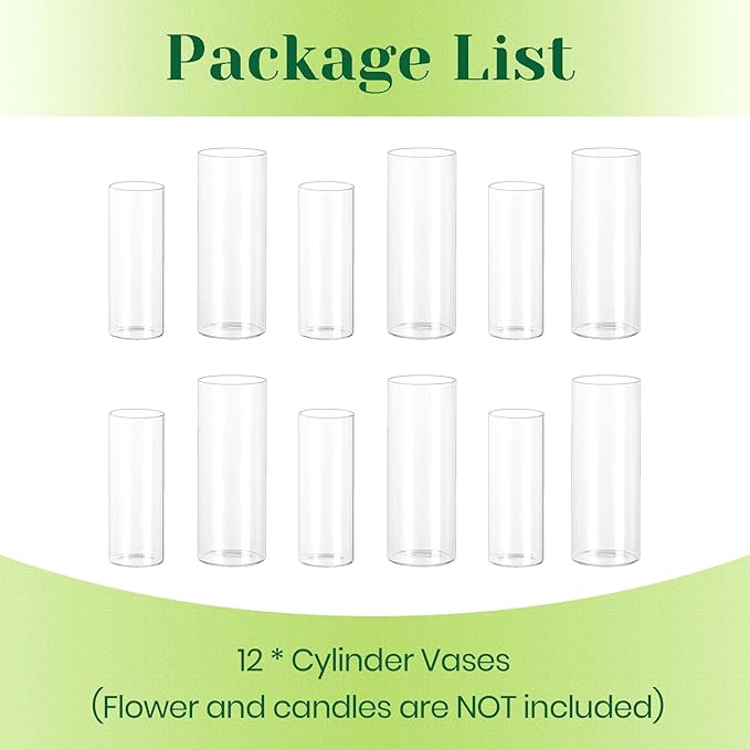 Hewory Glass Cylinder Vases for Centerpieces: Set of 12 Clear Skinny Hurricane Vases for Wedding Baby Shower Table Birthday Party Decorations - Tall Candle Holders for Floating Candle Flower Bouquet