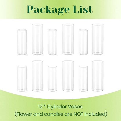 Hewory Glass Cylinder Vases for Centerpieces: Set of 12 Clear Skinny Hurricane Vases for Wedding Baby Shower Table Birthday Party Decorations - Tall Candle Holders for Floating Candle Flower Bouquet