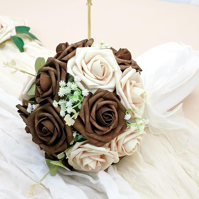 Artificial Flowers, 100pcs Brown and Tan Artificial Flower for DIY Wedding Bouquets Centerpieces Arrangements, Artificial Rose with Stem for Party Home Decorations
