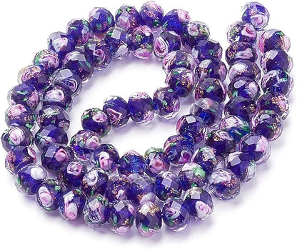 PH PandaHall 60pcs 8~10mm Midnight Blue Rose Lampwork Beads Gold Sand Glass Beads 2mm Hole Flower Glass Beads Floral Handmade Lampwork Beads Round Loose Beads for Rosary Making Jewelry Craft Making