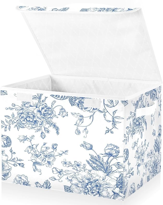susiyo Bouquet Of Blue Flowers Floral Storage Bin Large Collapsible Storage Box Stackable design Fabric Storage Bins with Lids Decorative Multi-Color Foldable Organizing Baskets For Closet, Utility Ro