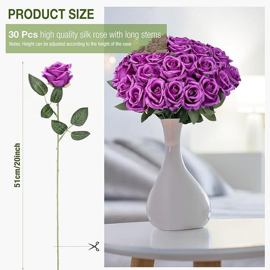 30 Pcs Rose Artificial Flowers in Bulk Real Touch Long Stem Silk Roses Bouquets Realistic Faux Flowers for Wedding Bridal Shower Home Decor Floral Arrangements Table Centerpiece(Purple)