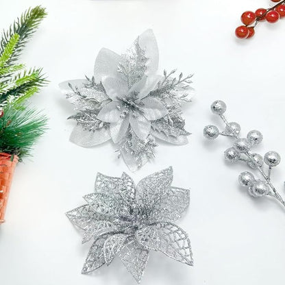 24Pcs Christmas Poinsettia Artificial Flowers and Glitter Berries Kit, 2 Styles Total 16Pcs Christmas Tree Flowers Ornaments, 8Pcs Christmas Tree Picks for Wedding Holiday Decorations, Silver
