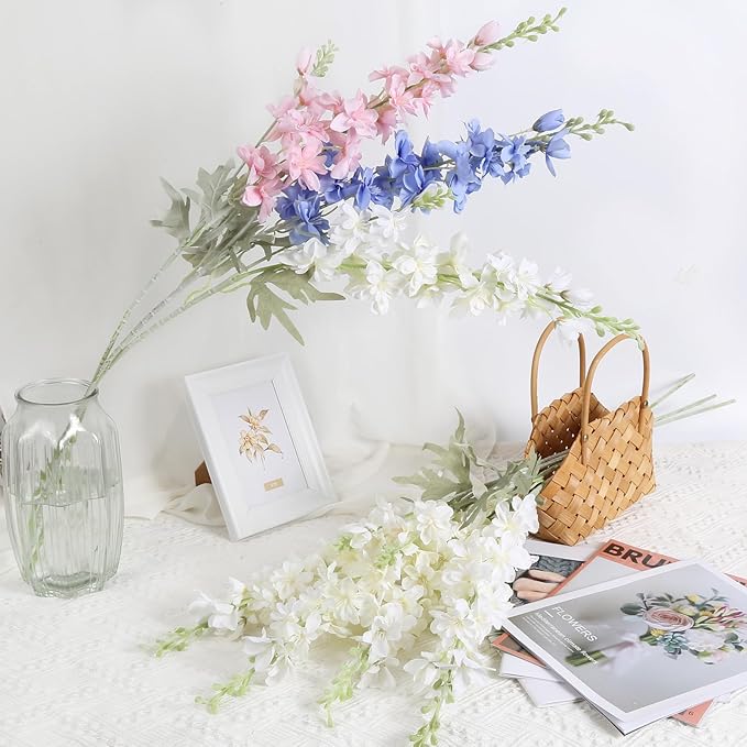 8PCS White Delphinium Artificial Flowers Larkspur Fake Flowers 33.5in Long Stem Faux Silk Flowers Bulk for Tall Vase for Home Wedding Floral Arrangement Centerpiece Table Decorations (White)